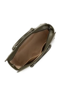 Sac à main vert olive vu de dessus, offrant un intérieur spacieux avec un revêtement beige clair et plusieurs compartiments.