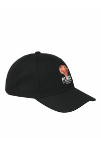 Gorra de algodón negra con visera curvada, que presenta un colorido diseño floral y el texto "PLACE INTERNATIONAL" en letras blancas en negrita.