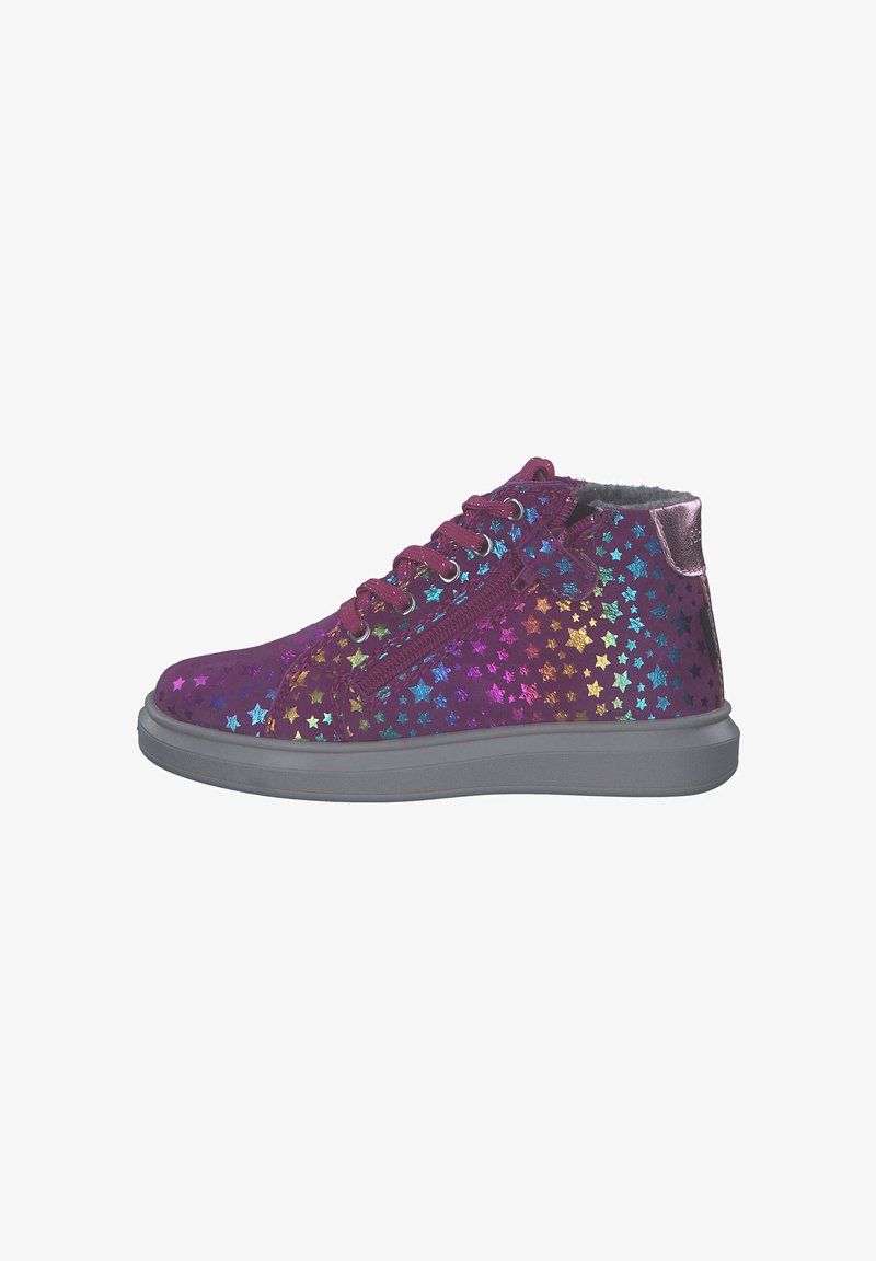 Lila Knöchel-Sneaker mit glitzernden, mehrfarbigen Sternmustern, grauer Gummisohle, Schnürung vorne und seitlichem Reißverschluss.