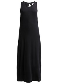 Robe maxi noire sans manches avec encolure ronde et petite fente triangulaire sous le col arrière, design simple et fluide.