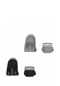 Zwei Paare von kurzen, niedrig geschnittenen Socken aus grauem und schwarzem Material. Jede Socke hat ein weißes gestreiftes Bündchen und aufgedruckte Größeninformationen.