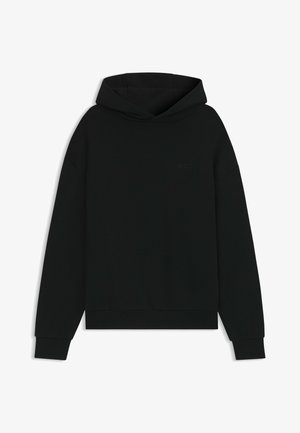 Black hoodie with a relaxed fit, made from a smooth fabric. Features a drawstring hood and subtle embossed logo on the front.