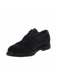 Chaussure oxford en suède bleu foncé avec des détails de brogue, bout rond et semelle en caoutchouc noir durable avec un motif de traction subtil.