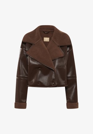 Brown leather cropped jacket featuring a shearling collar, double-breasted front, and textured sleeves with shearling cuffs.