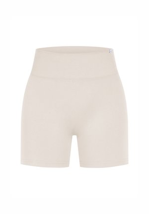 Pantalones cortos de tiro alto en color beige, fabricados con tejido elástico. Presentan un diseño suave y sin costuras, con una cinturilla ancha y acanalada.
