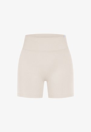 Beige high-waisted shorts gemaakt van rekbare stof. Heeft een soepele, naadloze uitstraling met een brede, geribbelde tailleband.