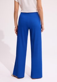 Niebieskie, prążkowane spodnie typu wide-leg z wysokim stanem, charakteryzujące się pionową teksturą i gładkim wykończeniem. Prosty design, bez widocznych wzorów czy ozdób.