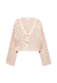 Háčkovaný kardigan ve světle růžové barvě s výstřihem do V, dlouhými rukávy, krátkou délkou a třemi knoflíky vpředu s vzorovanou strukturou.