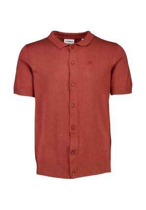Korte mouw gebreide poloshirt in het rood met een kraag, knoopsluiting en gestructureerde stof; beschikt over een klein logo op de borst.