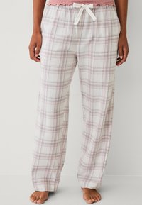 Leichte Karopajama-Hosen in Weiß, Pink und Grau. Mit einem elastischen Bund und einem weißen Bindeband ausgestattet, sowie weit geschnitten für einen lockeren Sitz.