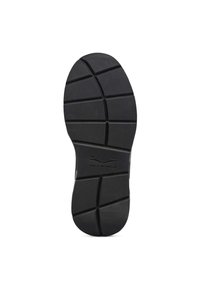 Suola di scarpe in gomma nera con superficie testurizzata, caratterizzata da un motivo geometrico e linee di battistrada distintive per aderenza e durabilità.