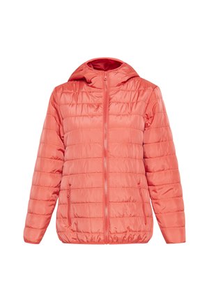 Pehmea koralliajakas kapuutsiga, vertikaalse tikandi disainiga, ees tõmblukuga ja kahe küljetaskuga. Sile, särav kangast tekstuur.