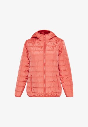 Vaatteet korallivärinen pehmustettu takki, jossa on huppu, vaaka-ompelemisesta koostuva muotoilu, edessä vetoketju ja kaksi sivutaskua. Suunnistus, kiiltävän sileä kangas.