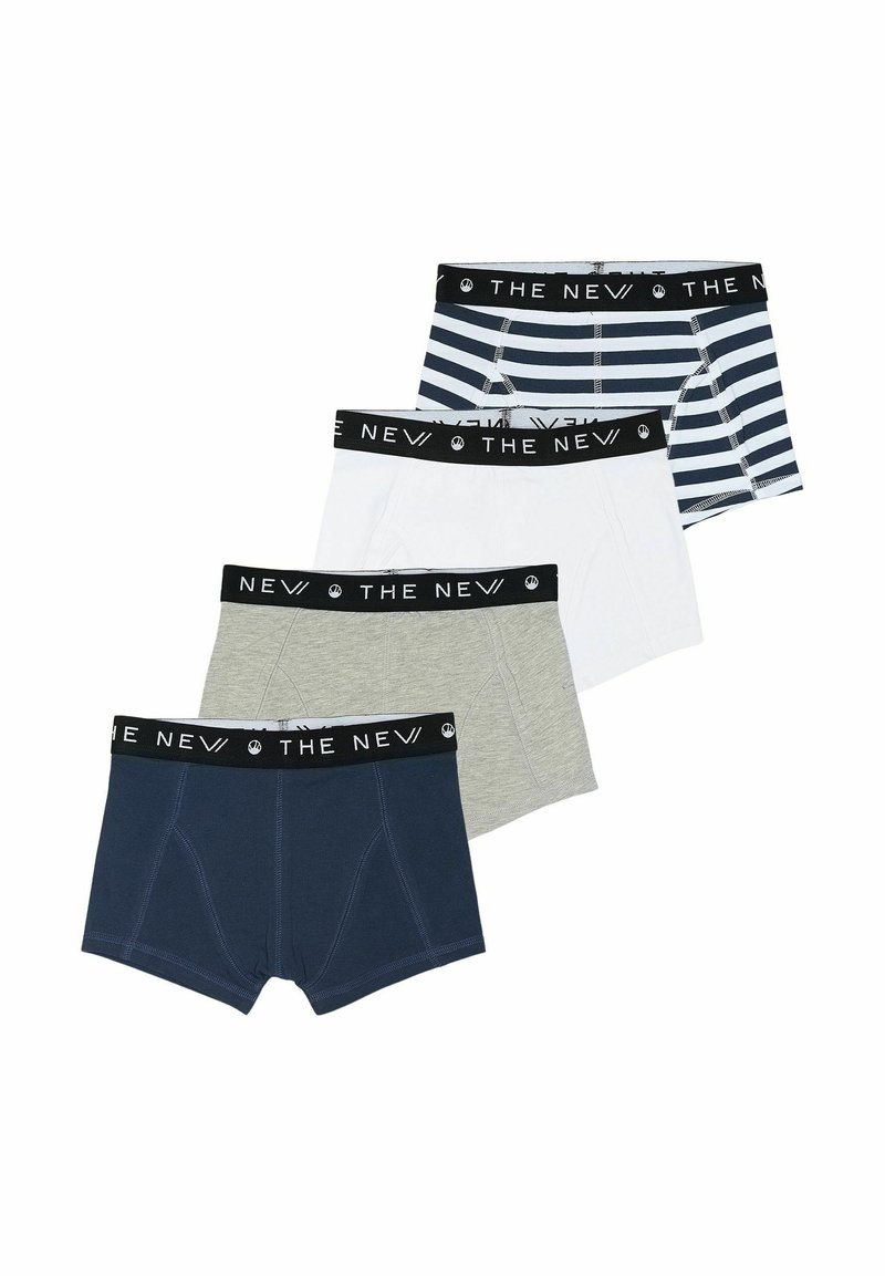 Quatre paires de boxers : bleu marine, gris clair, blanc et rayé bleu marine/blanc. Comprend une ceinture noire avec le logo "THE NEW" et des détails cousus.