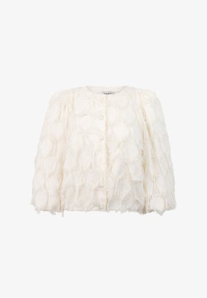 Witte cropped jas met een gestructureerd, fluffy oppervlak, voorzien van ronde patronen en knoopsluitingen. Wijde mouwen en zachte stof.