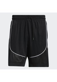 Shorts de sport noirs avec un passepoil blanc le long des bords avant, taille élastique et cordon de serrage, présentés sur un fond clair uni.