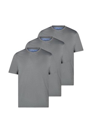 Drei schlichte graue T-Shirts mit Rundhalsausschnitt und kurzen Ärmeln nebeneinander auf weißem Hintergrund.