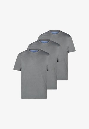 Drie effen grijze T-shirts met ronde hals en korte mouwen naast elkaar op een witte achtergrond.