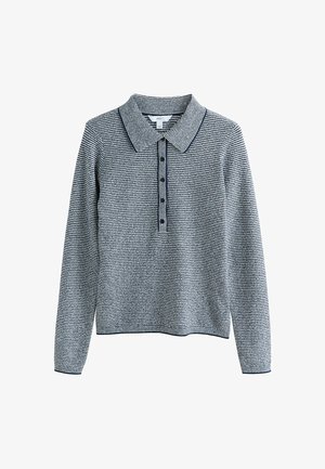 Svītrainais garo piedurkņu polo krekls tumši zilā un baltā krāsā, ar apkakli, pogu jostu un ribotiem aprocēm. Mīksts, teksturēts audums.