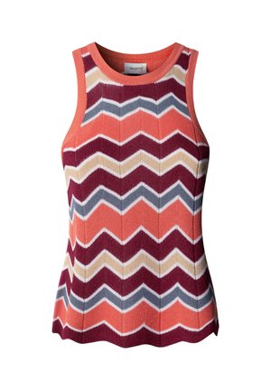 Mouwloze gebreide top met ronde hals, voorzien van horizontale zigzagstrepen in koraal, bordeauxrood, beige en grijze kleuren.