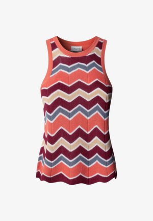 Mouwloze gebreide top met ronde hals, voorzien van horizontale zigzagstrepen in koraal, bordeauxrood, beige en grijze kleuren.
