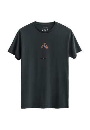 Black cotton t-shirt with a crew neck and short sleeves featuring a central graphic of a character in a brown jacket and hat.
