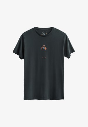 Black cotton t-shirt featuring a small graphic design in the center depicting a cartoon figure wearing a hat and boots.