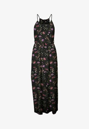 Zwarte mouwloze maxi-jurk met dunne bandjes en een paars, roze en wit bloemenpatroon, voorzien van een tailleceintuur.