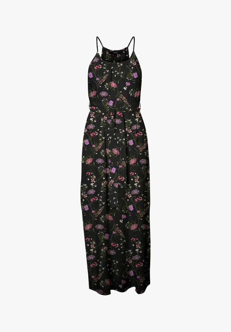 Robe maxi noire sans manches avec fines bretelles et motif floral violet, rose et blanc, avec ceinture nouée à la taille.