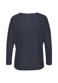 Marineblaues Langarm-Pullover mit strukturiertem Strickmuster, rundem Halsausschnitt und lockerer Passform, mit leicht abgerundetem Saum.