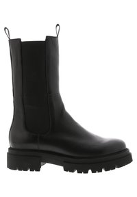 Schwarze Leder-Ankelstiefel mit elastischen Seitenteilen, Ziehschlaufen und einer stabilen Gummisohle mit strukturiertem Profil für guten Halt.