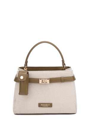 Sac à main beige et vert olive avec poignée supérieure, fermoir doré, pochette en cuir attachée et étiquette "DIANA&CO FIRENZE" à l'avant.