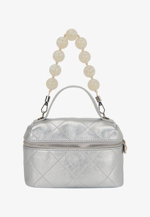 Ezüst párnázott mini táska, tetején fogantyúval, díszes elefántcsont színű gyöngysorral és fényes cipzárral. Kompakt és strukturált dizájn.