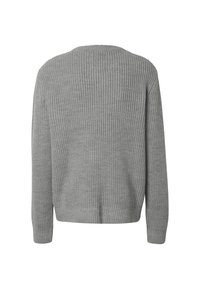 Pull gris tricoté à manches longues avec une texture côtelée, un col rond et des poignets ajustés, vu de dos.