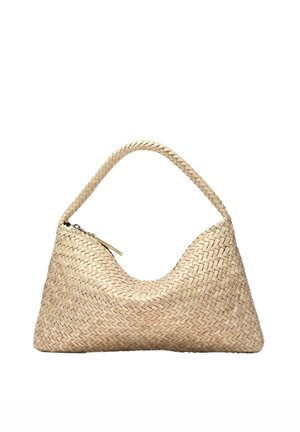 Håndtaske i vævet naturfiber i en beige tone. Har en buet silhuet, enkelt håndtag og lynlås for sikker opbevaring.