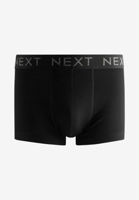 Černé boxerky s měkkým elastickým páskem, na kterém se opakovaně objevuje stříbrné logo 'NEXT'. Vyrobené z hladkého materiálu s přiléhavým střihem.
