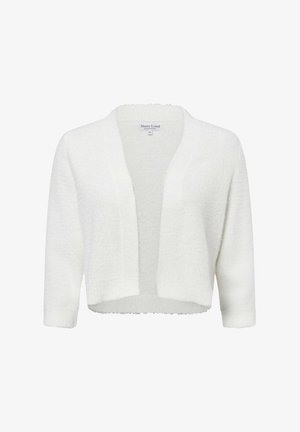Weißer, verkürzter Cardigan aus strukturiertem Stoff, mit einem Schalkragen und 3/4-Ärmeln, mit gerippten Kanten. Weich und leicht.