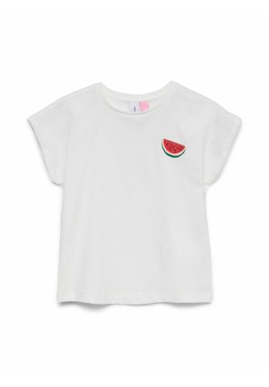 White short-sleeve t-shirt with round neck, featuring a small embroidered watermelon slice on the left chest.