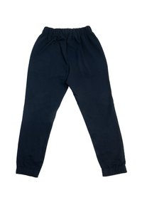 Granatowe dresy z elastyczną talią o luźnym kroju, zwężające się przy kostkach. Miękki materiał z minimalną teksturą i bez widocznych wzorów.