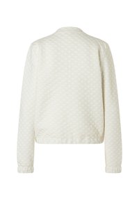 Weiß gesteppte Jacke mit langen Ärmeln und Diamantmuster sowie elastischen Bündchen, von hinten auf einem einfarbigen Hintergrund gezeigt.
