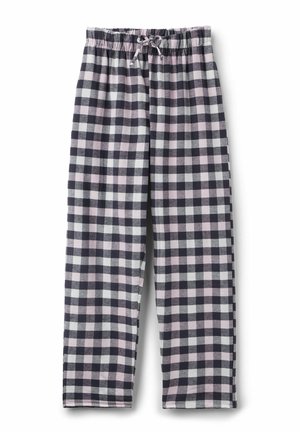 Pajama spodnie w kratę w kolorach granatowym, jasnoróżowym i szarym. Miękka tkanina z elastycznym paskiem w talii i sznurkiem. Luźny, prosty krój nogawek.