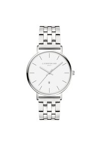 Silbernes Edelstahlarmbanduhren mit einem runden weißen Zifferblatt, dünnen Stundenmarkierungen und einer Datumsanzeige. Führt ein poliertes Gliederarmband-Design.