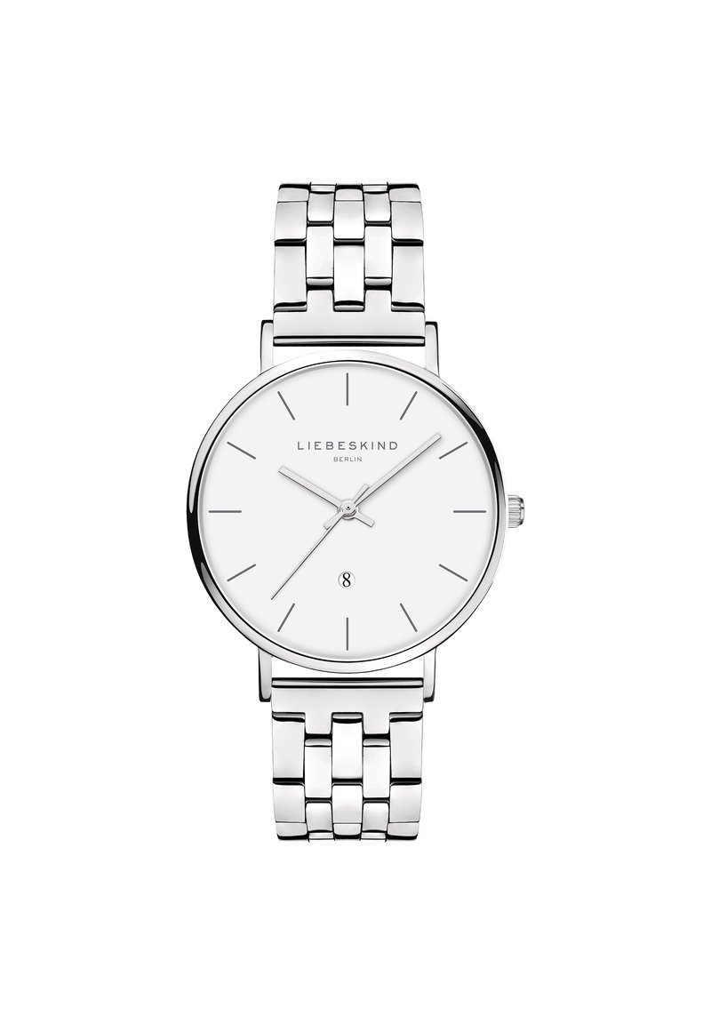 Silbernes Edelstahlarmbanduhren mit einem runden weißen Zifferblatt, dünnen Stundenmarkierungen und einer Datumsanzeige. Führt ein poliertes Gliederarmband-Design.