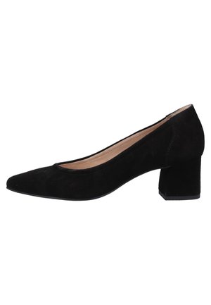 Black suede pump with a pointed toe and a block heel. Features a smooth texture and minimal stitching detail. Interior is beige.
