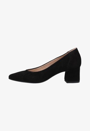 Black suede pump with a pointed toe and a block heel. Features a smooth texture and minimal stitching detail. Interior is beige.