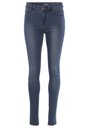 Strakke jeans van donkerblauwe denim. Kenmerken zijn onder andere een hoge taille, vijf zakken en een ritssluiting met een metalen knopen sluiting.