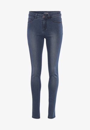 Chude dżinsy z ciemnoniebieskiego denimu. Cechy obejmują wysoki stan, pięć kieszeni oraz zamek błyskawiczny z metalowym guzikiem.