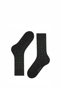 Calzini neri con un motivo a diamante e piccoli alberi verdi. Realizzati in materiale morbido, presentano una texture liscia e polsini a coste.