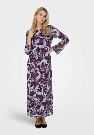 Ilgas purpurinis suknelė su gėlių motyvais mėlynose spalvose, su ilgomis rankovėmis su varpo formos apykaklėmis ir prigludusia liemene.