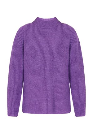 Paarse gebreide trui met een geribbelde textuur, hoge halslijn en lange mouwen. Het materiaal lijkt zacht en chunky van ontwerp.